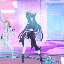 a couple of anime girls are dancing in a video game .