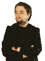 a man wearing a black jacket and a red watch looks down