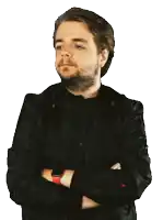 a man wearing a black jacket and a red watch looks down