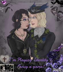 a drawing of two women with the words i 'm playing identity v fancy a game on the bottom