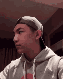 a young man wearing a hoodie and a baseball cap