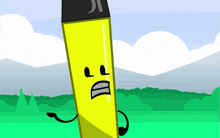 a cartoon drawing of a yellow object with a face and a j on it 's cap