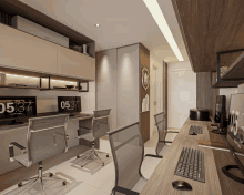a room with two desks and a clock that says 5:37