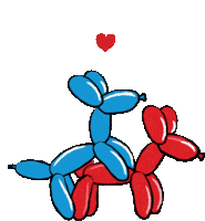 a blue balloon dog is riding a red balloon dog with a heart above them