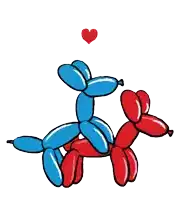 a blue balloon dog is riding a red balloon dog with a heart above them