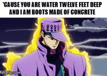 jotaro kujo from jojo 's bizarre adventure is wearing a purple jacket and a purple hat .