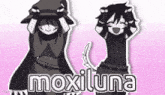 a couple of anime characters standing next to each other on a pink background with the words moxiluna .