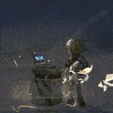 a cartoon character is standing next to a box with a lightning bolt coming from it .