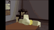 a cartoon character is sitting at a table with a huge head