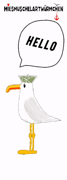 a cartoon of a seagull with a speech bubble saying hello