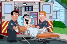 a cartoon of a man laying on a stretcher being pushed by two ambulance drivers