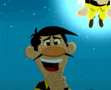 a cartoon of a man with a mustache is smiling and holding his hand up