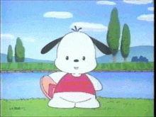 a cartoon dog is standing in a field next to a river holding a heart .