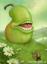 a painting of a giant pear with a chipmunk taking a picture