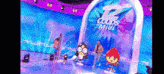 two cartoon characters are on a stage in front of a 2 coups de midi sign