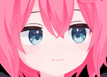 a girl with pink hair and blue eyes looks at the camera