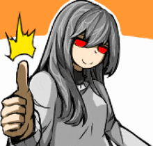 a girl with red eyes is giving a thumbs up sign