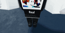a person wearing a black shirt that says " real "