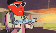 a cartoon character is holding a good vibes sign