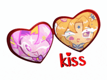 two heart shaped mirrors with the word kiss on the bottom right