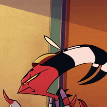 a cartoon drawing of a red and black monster with a long tail