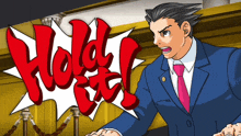 a cartoon of a man in a suit and tie with a hold it sign behind him