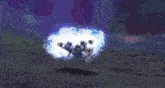 a robot is flying through the air with a shield on its chest .
