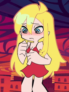 a cartoon drawing of a girl with blonde hair and a red dress
