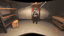 a video game shows a man standing in a room with a silhouette of a man on the wall