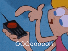 a cartoon character is holding a remote control and pointing at it while saying oooooooh