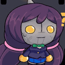 a cartoon character with purple hair and yellow eyes is wearing a bow tie