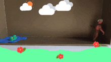 a drawing of a frog and a man with clouds in the sky