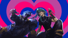 a couple of anime characters sitting next to each other in front of a heart