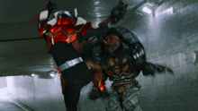 a man in a red and white suit is kicking another man
