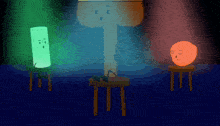 a cartoon drawing of a lamp a marshmallow and a red ball