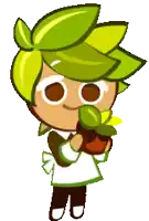 a cookie run character is holding a plant in his hands .