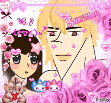 a drawing of a man and a girl with the name sanzura on the top