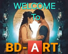 a man and a woman are standing next to each other in front of a sign that says welcome to bd-art .