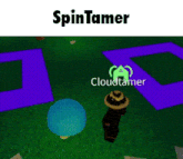 a person is standing in the grass in a video game with a purple and green background .