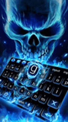 a keyboard with a skull on it and a blue background .