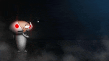 a cartoon character is standing in the dark with a red spot on his face .