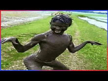 a young boy is covered in mud and making a funny face .