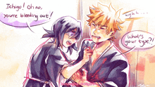 a drawing of a man and a woman with the words ichigo oh no you 're bleeding out