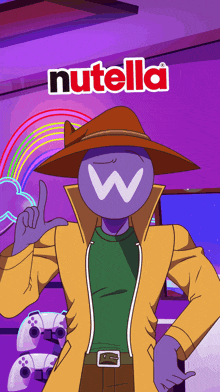 an advertisement for nutella shows a cartoon character wearing a hat