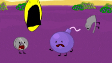 a group of cartoon characters are standing on a purple surface .