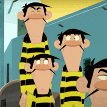 a group of cartoon characters wearing yellow and black striped jumpsuits