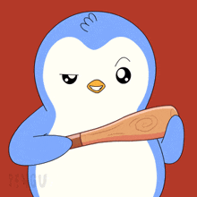 a blue and white penguin holding a baseball bat in its mouth