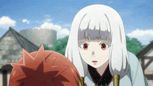 a girl with white hair and red eyes stands next to a boy with red hair