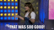 a woman is dancing on a stage and saying `` that was so good ! ''