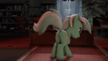 a green and white pony is standing in a room with a red rug .